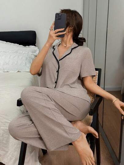 Dream Adore 女士宽松舒适针织撞色领短袖睡衣套装