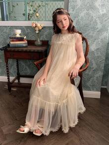 DAZY Girls' Summer Mesh Dress, High-End New Design, Children Princess Dress, Big Girls Summer Outfit - Apricot - View 5