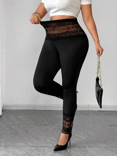 Elenzga 大码女士针织黑色蕾丝拼接性感修身弹力打底裤，适合休闲穿着、户外购物、通勤、约会、派对、夜店/酒吧等场合。