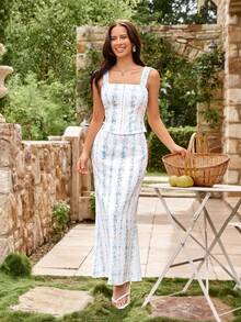 KARISMINA 女士优雅休闲浪漫印花两件套，前襟纽扣设计，腰部收紧，适合春夏穿着。 - 淺藍色 - 查看 4