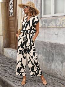 Brillora 女士休闲优雅浪漫度假风印花连体裤，带口袋，春夏款 - 黑與白 - 查看 6