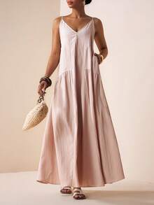 Zivah 2025 春季新品上市 复活节 生日派对 约会 日常出行 必备基础款 休闲度假 邮轮旅行 海滩 街头时尚 极简主义 通勤 V领 细肩带 解构拼接、褶皱细节、隐藏口袋 A字连衣裙 - 藕粉色 - 查看 7