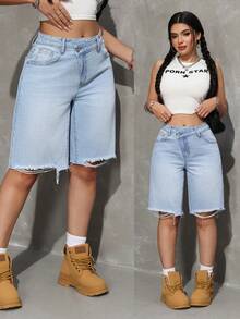 SHEIN Tall Women's Straight Leg Frayed Hem Loose Belted Casual Denim Shorts - Light Wash - View 1
