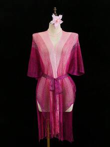 Swim SXY 女士彩色渐变高开衩长流苏网纱系带性感和服罩衫泳衣，适合春、夏、秋季海滩度假 - 玫紅色 - 查看 8