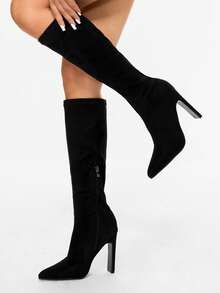 Glitzique Women's Pointed Toe Thermal Lined Zipper High Heel Knee-High Boots, Black, Winter,Sexy,Party - Black - View 2