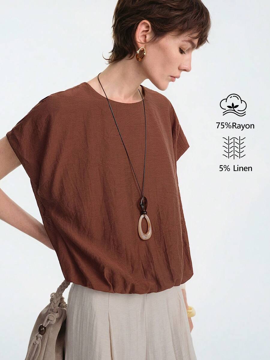 SHEIN Stylify 女士花卉花蕾优雅度假休闲舒适亚麻衬衫，适合办公室和日常穿着 - 棕色 - 查看 1
