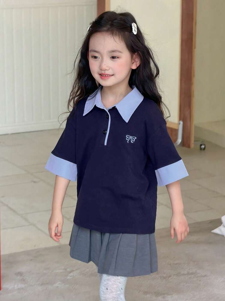 Young Girls Korean Style Contrast Color Collar Short Sleeve T-Shirt, Summer