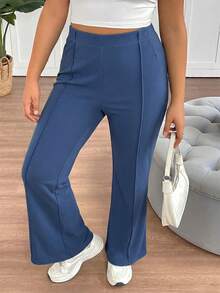 SHEIN Tall CURVE 大码女士简约日常喇叭裤套装 - 霧霾藍 - 查看 3