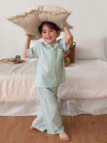 DAZY 男童条纹短袖单排扣口袋上衣和裤子睡衣套装 - 綠色 - 查看 4