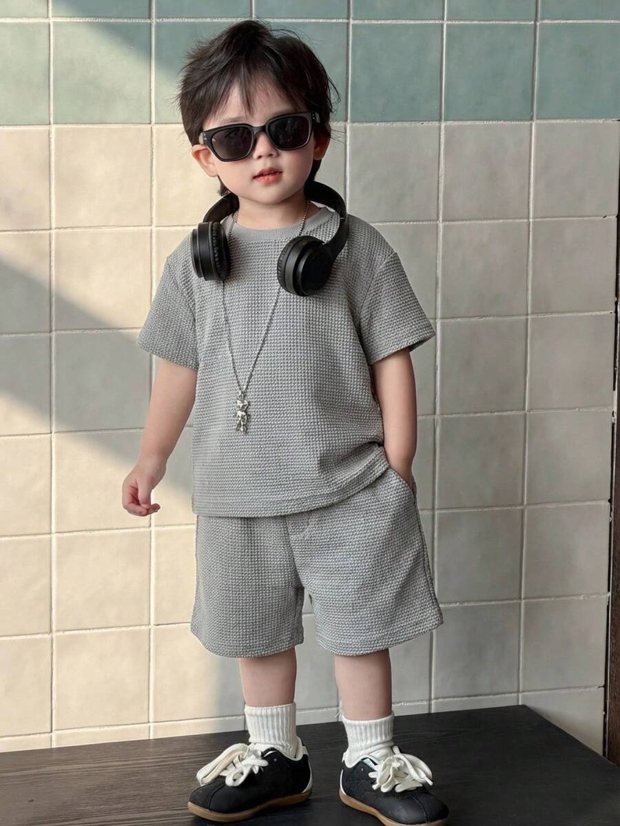 DAZY 2pcs/Set Baby Boy Korean Style Round Neck Short Sleeve Casual T-Shirt And Shorts Set Summer - Grey - View 1