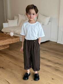 DAZY 男童松紧腰带口袋条纹阔腿宽松休闲裤 - 棕色 - 查看 3