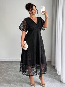 Elenzga Plus Size Women's Elegant V-Neck Lace Dress With Waist Cinching, Suitable For Wedding, Party And Banquet, Spring/Summer - Black - View 1