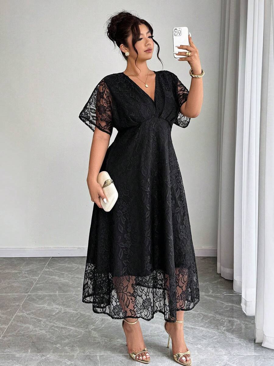 Elenzga Plus Size Women's Elegant V-Neck Lace Dress With Waist Cinching, Suitable For Wedding, Party And Banquet, Spring/Summer - Black - View 1