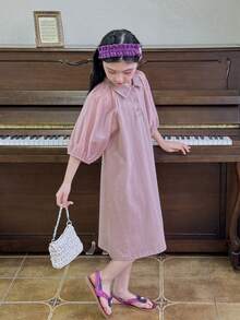 DAZY Tween Girl Solid Color Raglan Lantern Sleeve Polo Collar Casual Loose Dress Summer - Purple - View 6