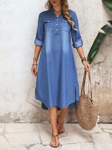 EMERY ROSE Women's V-Neck Button Half Placket Roll-Up Sleeve Casual Denim Dress - Blue - View 1