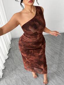 Elenzga Plus Size Mesh Floral Print Asymmetrical Shoulder Dress Summer Dress Women's Floral Dress - Coral Orange - View 6