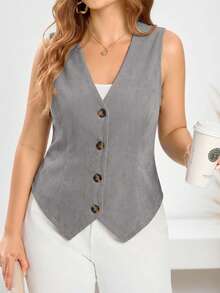 EMERY ROSE 大码纯色极简无袖西装外套 - 灰色 - 查看 4