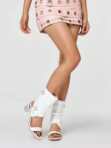 ROMWE Kawaii Women's Fashion Square Toe Thick Heel High Heel Sandals Cool Boots - White - View 2