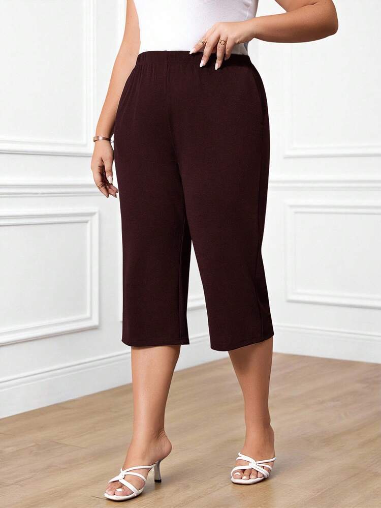 Plus Size Casual Versatile Solid Color Pants With Pockets ,Summer Outfits For Women, Solid Capris Pants,Spring/Summer/Vacation,Commute, Daily Wear