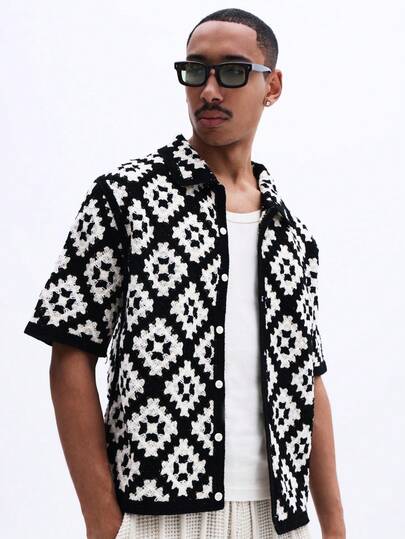 SUMWON Men's Relaxed Fit Crochet Patterned Resort Shirt With Button Front Short Sleeve Geometric Design Summer Casual Top