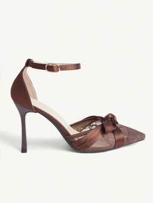 CUCCOO CHICEST Giày cao gót mũi nhọn cổ điển bằng vải lưới satin dành cho nữ, kiểu dáng gợi cảm, thích hợp cho các buổi tiệc tối, giày cao gót gót nhọn đơn giản, hở gót. - màu nâu - Xem 3