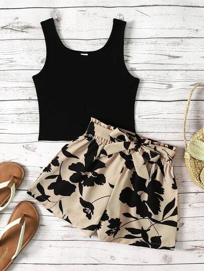 Tween Girl Black Tank Top & Paper Bag Shorts 2 Pieces Set 2 Piece Vacation Outfit Crop Top Young Girl Outfit Sets