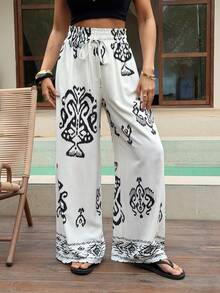 DAZY Women's Casual Floral Print Elastic Waist Wide Leg Pants, Spring - Beige - View 3