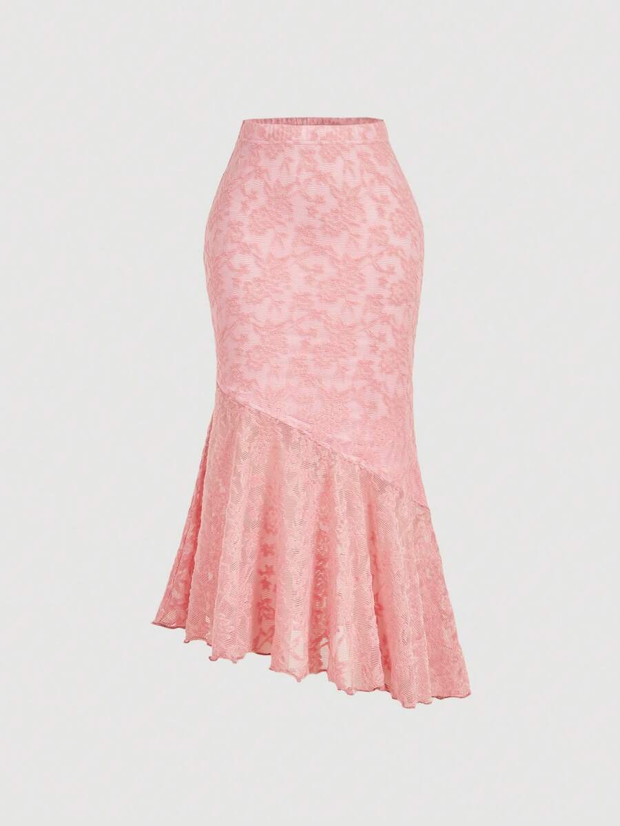 SHEIN MOD Chân váy nữ thanh lịch, chất liệu vải dệt, màu trơn, dáng đuôi cá bất đối xứng. - Hồng - Xem 1