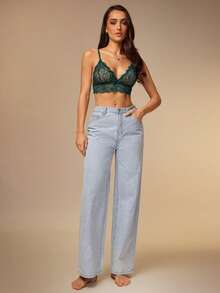 Silquee 优雅绿色蕾丝文胸，薄纱扇形边聚拢文胸，女士中度弹力内衣文胸 - 綠色 - 查看 8