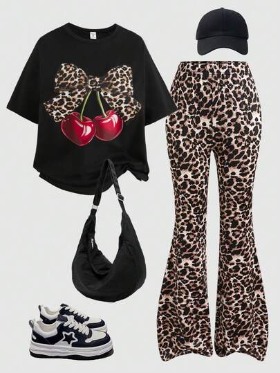 SHEIN Teen Girls Leopard Print Loose Drop Shoulder T-Shirt And Flare Pants Set