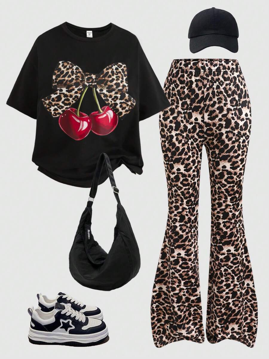 SHEIN Conjunto de camiseta holgada de manga caída con estampado de leopardo y pantalones acampanados para adolescentes - Multicolor - Ver 1