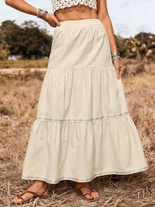 SHEIN LUNE 女款淺杏色休閒度假通勤裙，2026春夏新品 - 杏色 - 查看 3