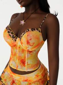 Amplova 2026早春花卉豹纹低胸上衣，低腰A字裙，女士两件套 - 彩色 - 查看 6