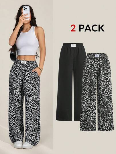 SHEIN PETITE 2pcs Women's New Black And Leopard Print Wide Leg Long Pants Women Wide Leg Pants