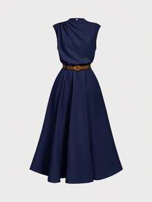 SHEIN Girlism Elegant Commuter Navy Blue Solid Sleeveless Dress (With Belt), Back To School Season - Navy Blue - View 5
