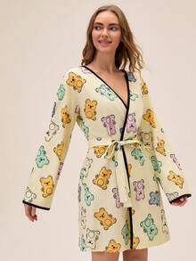 Loomlin Women Cotton Contrast Colour Piping Detail With Cute Bear Plaid Pattern Homewear Long Sleeve Belt Detail Comfort Lounge Robe Women Pajama Robe Pajama Set With Robe Cartoon Pajamas Women Teddy Bear Robe Womens Robe Bear Print Robe - Multicolor - View 1