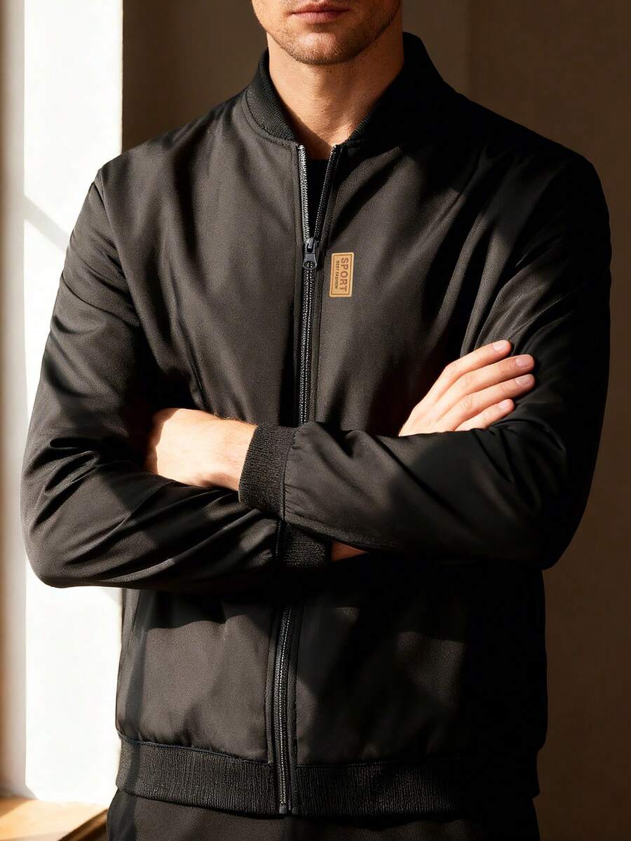 Manfinity Homme Men's Stand Collar Zipper Casual Versatile Daily Wear Long Sleeve Jacket - Black - View 1