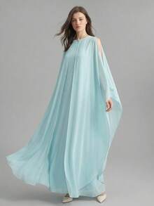 Ontre 2026春夏新款时尚百搭畅销女式长裙，浅蓝色舒适透气雪纺面料，圆领七分袖宽松版型，现代都市时尚商务休闲办公装，低调复古高端都市通勤高品质机场邮轮优雅婚礼宾客装，简约奢华感必备单品，适合所有季节，婚礼宾客装扮，度假装扮，休闲系列，时尚女式衬衫 - 藍色 - 查看 6