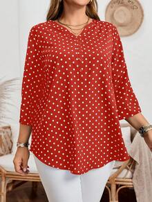 EMERY ROSE 大码女式休闲波点印花翻领卷袖秋季衬衫 - 酒紅色 - 查看 4