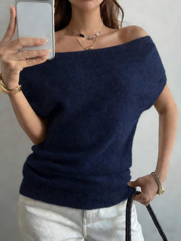 Women's Elegant Asymmetrical Shoulder Short Sleeve Off Shoulder Sweater