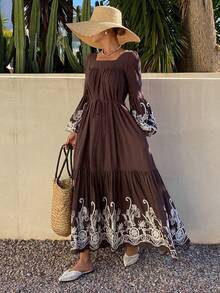 DAZY Women's Square Neck Long Sleeve Bohemian Style Elegant Cinched Waist Waist Dress, Vacation Vibe Maxi Dress Sundress Boho - Brown - View 2
