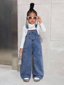 SHEIN Young Girl Washed Dark Blue Denim Bib & Brace Pants - Medium Wash - View 3