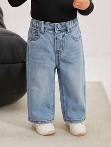 Quần ống rộng dáng suông màu xanh denim kiểu retro cho bé gái - Rửa nhẹ - Xem 3