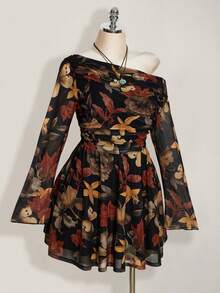 SHEIN ICON Vestido de manga larga con estampado de hoja de arce, estilo vintage, casual y ajustado, adecuado para la primavera, talla grande Y2K - Multicolor - Ver 7