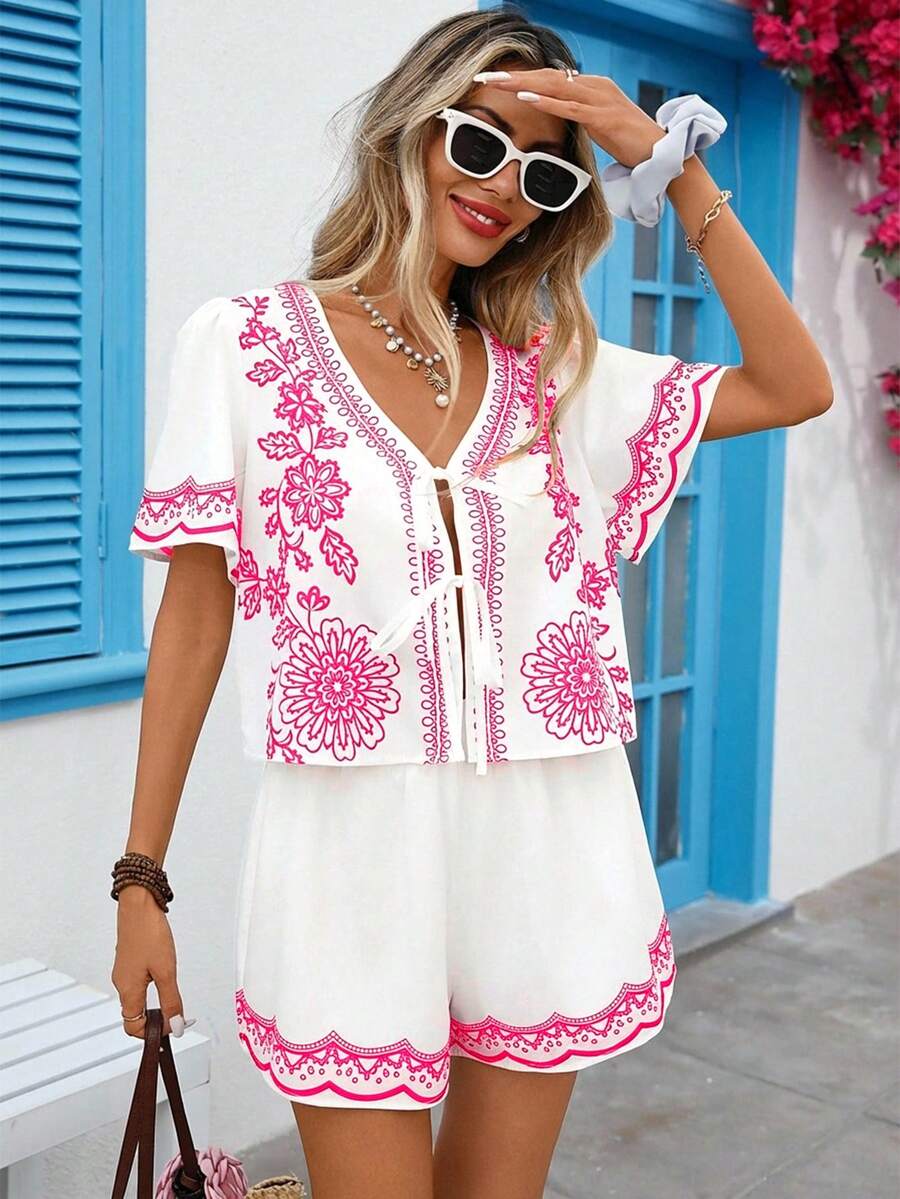 Vivid Eden 女士印花系带短袖衬衫和短裤休闲两件套连体裤，波西米亚风女士短裤套装，夏季女士短裤套装，度假连体裤，沙滩连体裤 - 粉色 - 查看 1