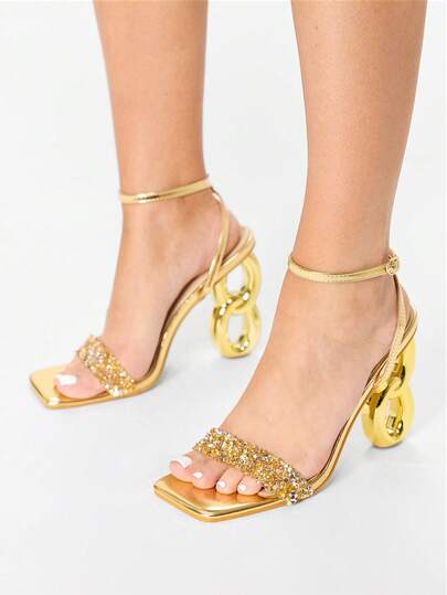 Glitzique 11 厘米女式高跟鞋，夏季踝带新款高跟凉鞋，女士不对称鞋跟金色高跟凉鞋，带玻璃水钻，金属材质尖头性感派对风格鞋