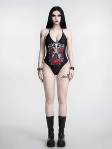 ROMWE Goth Women's Casual Vacation Beach Party Elegant Sexy One-Piece Thong Bikini Swimsuit, Summer New Spaghetti Strap - Black - View 4