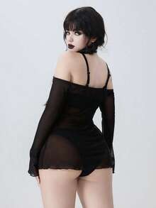 ROMWE Goth 女士纯色网纱露肩休闲沙滩罩衫连衣裙 - 黑色 - 查看 2