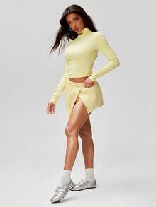 Denimoi Super Stretch High Neck Long Sleeve Top Casual Outfits Airport Fashionable Streetwear Cozy - Light Yellow - View 4