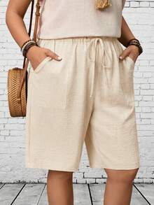 EMERY ROSE Plus Size Casual Solid Color Drawstring Waist Shorts, Summer Summer Outfits Summer Clothes  Spring  Spring Outfit Women Spring Clothes Country Style For Women Beach Shorts - White - View 6